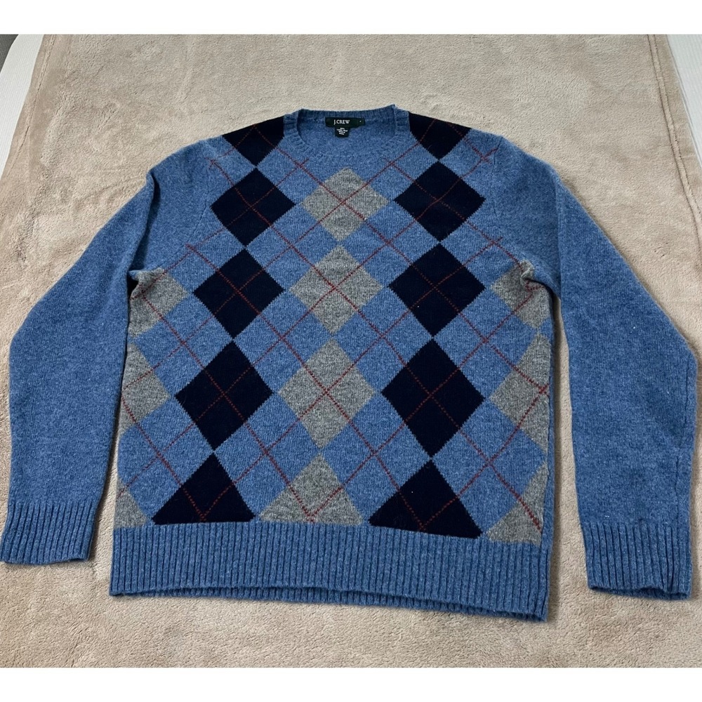J. Crew Lambs Wool Argyle Crewneck Sweater Men Size Large Blue EUC